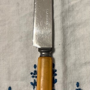 May include: A stainless steel butter knife with a yellow plastic handle. The knife has the word "STAINLESS" etched on the side.