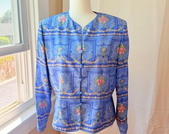Vintage 90s Adrianna Papell Silk Floral Jacket: Blue Multicolor Blazer (Size 14P)