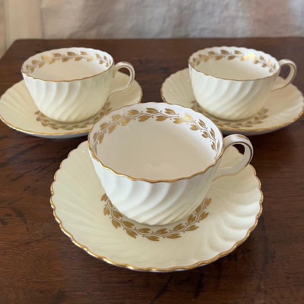 Minton Cheviot Gold Bone China Tea Cup & Saucer Sets • Swirl Design- 3 Sets Available-