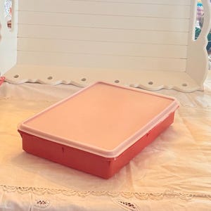 May include: A rectangular, red plastic container with a light pink lid. The container is sitting on a white tablecloth with lace detailing. The background includes a white shelf.
