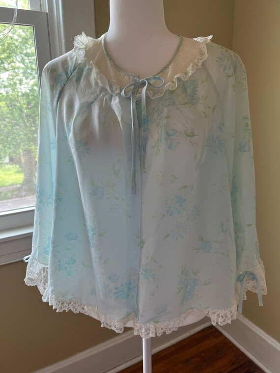 Bed Jacket Large by Corhan Noumair 60s Blue Floral Nylon Lace