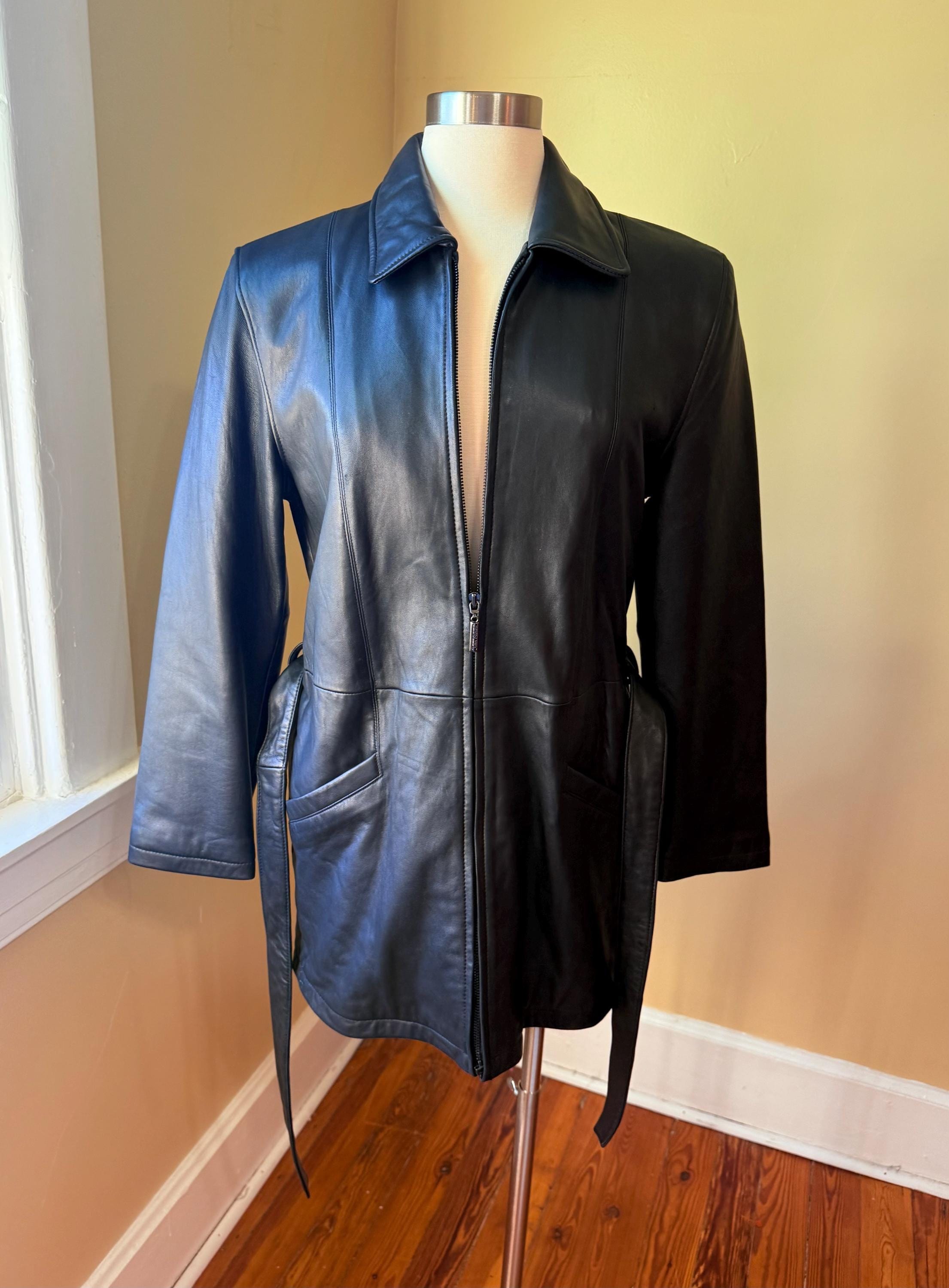 Belted Leather Coat 80s Black - Etsy
