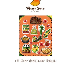 May include: A sticker pack featuring various Jamaican-themed illustrations. The stickers include images of food, a soccer ball, the Jamaican flag, and phrases like "Big Up Yuhself" and "Nuh Worries." The Mango Grove Studio logo is at the top.