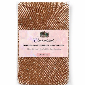 May include: Brown rhinestone fishnet stockings in a clear plastic package. The label reads "Carnival" and "Rhinestone Fishnet Stockings." The text also says "Ultra Stretch, Comfort Fit, Fete Resistant" and "One Size."