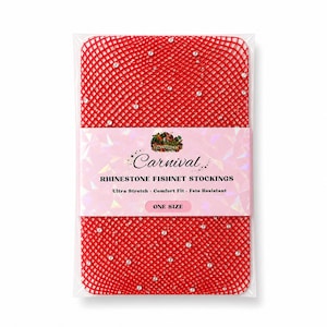 Könnte beinhalten: Rote Netzstrümpfe mit verstreuten, klaren Strasssteinen, verpackt in einer transparenten Kunststoffhülle mit einem Etikett, auf dem steht: Carnival RHINESTONE FISHNET STOCKINGS Ultra Stretch Comfort Fit Fete Resistant ONE SIZE.