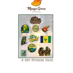 May include: A set of nine stickers featuring various designs, including a parrot, a flag, and text that reads "St. Vincent." The stickers have a tropical theme, with vibrant colors and detailed illustrations. The text "9 SET STICKER PACK" is also included.