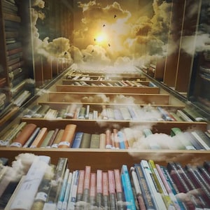 May include: A fantastical image of a library with bookshelves leading upwards towards a bright, cloudy sky. The shelves are filled with books. Fluffy clouds and birds are seen throughout the scene, creating a dreamlike atmosphere.