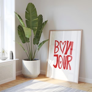 Red Wall Print, Bonjour Wall Art, Digital Art Print, Trendy Wall Art, Bonjour Poster, Bonjour Wall Art, Bar Print, Restaurant Wall Art