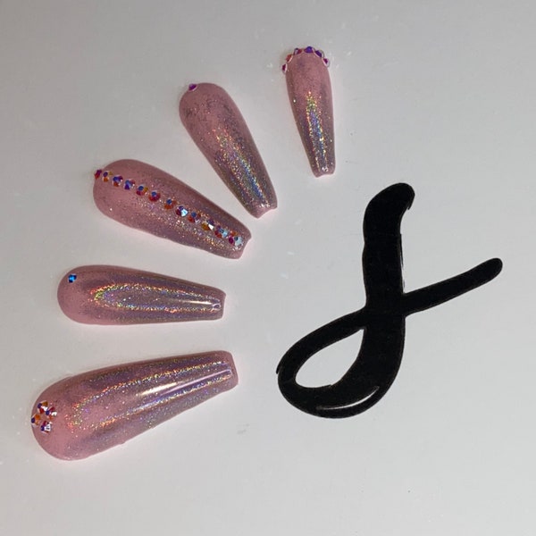 100% Gel Hand-Painted Holographic Pink Press-On Nails