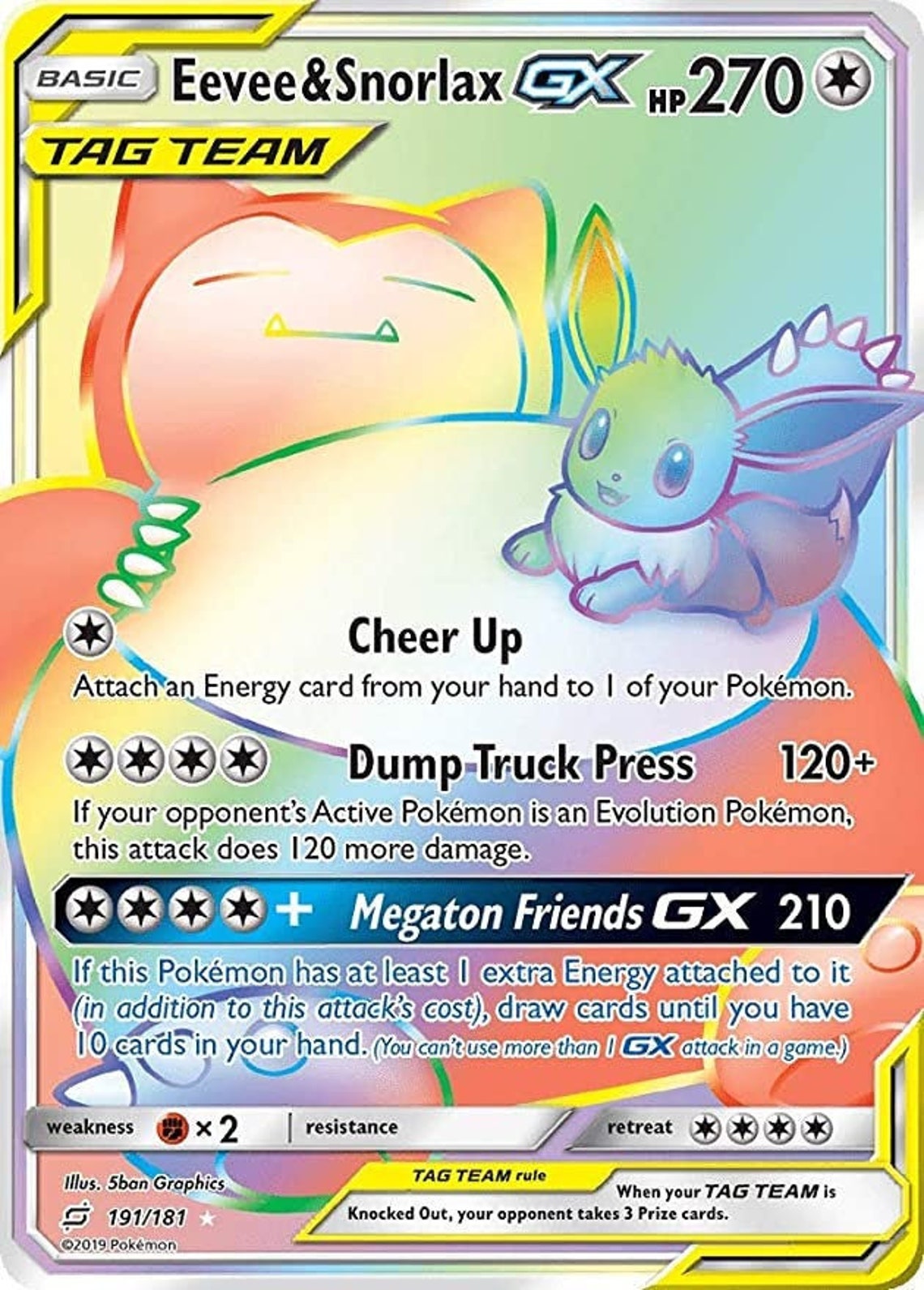 Pokemon Eevee & Snorlax Tag Team 191/181 Hyper Rainbow Rare | Etsy