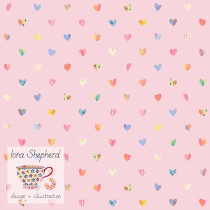 May include: A pink background with a repeating pattern of colorful watercolor hearts. The text "Iona Shepherd design + illustration" is at the bottom of the image.