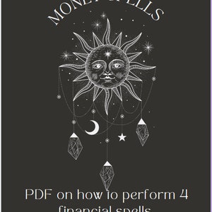 May include: Black and white illustration of a sun with a face, moon, and star. The text "MONEY SPELLS" is above the sun and the text "PDF on how to perform 4 financial spells" is below the sun.