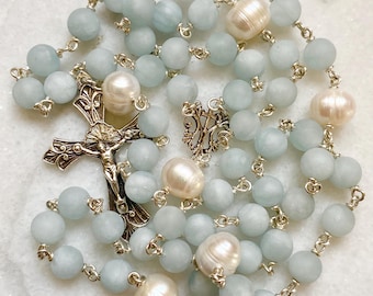Rosary in Sterling Silver for Women | Blue Aquamarine & White Pearl Beads | Girl's Baptism Present | Catholic  First Communion Gift
