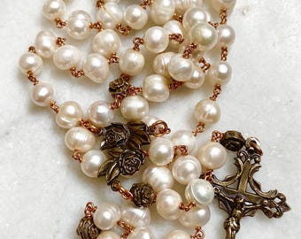 Pearl Rosary with Roses | Catholic Rosary for Girl's Baptism | First Communion Rosary | Handmade Women's Bridal Rosary for Wedding Bouquet