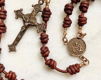 Saint Joseph Leather Rosary | Solid Bronze Medals | Confirmation Gift for Boys | Rustic Rosary for Masculine Men | First Communion Gift