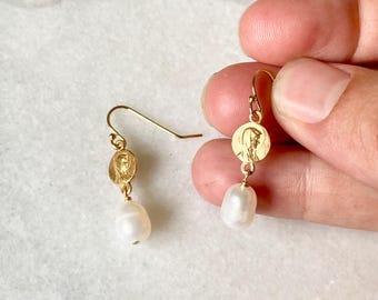 Gold Catholic Earrings with Mary Charms | Elegant Drop Pearl Earrings for Women | Blessed Mother Medal