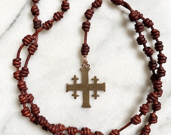 Catholic Leather Rosary with Jerusalem Cross | Men's Catholic Pocket Rosary | Masculine, Rugged Rosary | Boy's Confirmation Gift