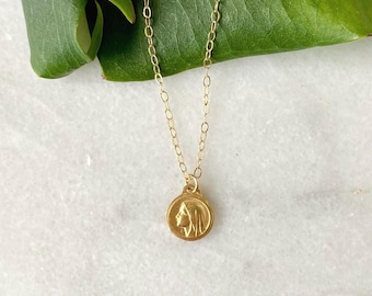 Gold Our Lady of Lourdes & St Bernadette Necklace | Small 14k Gold Catholic Medal of Mary | Catholic Necklace for Women and Girls