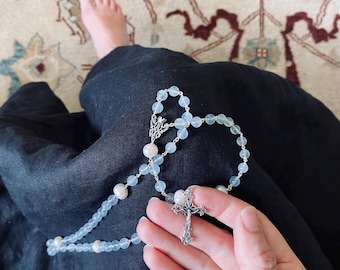 Sterling Silver Rosary | Aquamarine & Freshwater Pearls | Catholic Heirloom Rosary for Women | Confirmation Gift for Girls | Baptism Rosary