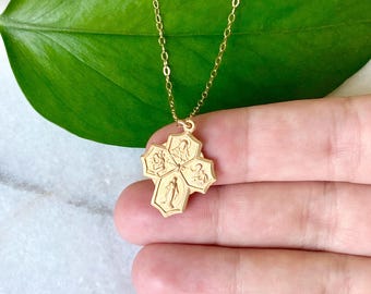 Gold Four Way Cross Necklace | 14k Gold Catholic Five Way Pendant | Women's Jewelry | First Communion, Confirmation Gift