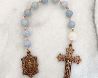 Miraculous Medal Single Decade Rosary | Blue Aquamarine & Mother of Pearl Pocket Rosary | Bronze Virgin Mother Medal | First Communion Gift
