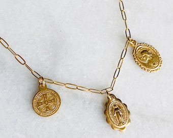 Catholic Gold Charm Necklace on Paperclip Chain | Dainty Solid 14k Gold Medals | Jewelry for Women | Miraculous Medal & Sacred Heart
