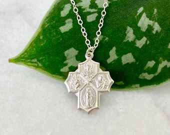 Sterling Silver Four Way Cross Necklace | Devotional Catholic Jewelry | Miraculous Medal, Sacred Heart, Saint Anthony, Christopher, Joseph