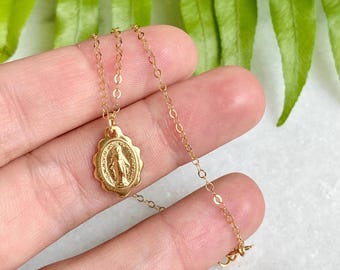 Gold Miraculous Medal Necklace | Catholic Jewelry for Women and Girls | 14K Virgin Mary Medal | for Catholic Bride | First Communion Gift