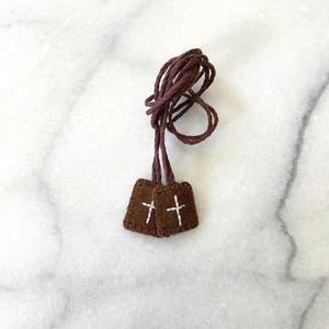 Hand Embroidered Tiny Brown Wool Scapular - Hemp Cord