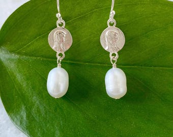 Silver Catholic Earrings with Mary Charms | Elegant Drop Pearl Earrings for Women | Blessed Mother Medal | Sterling Silver