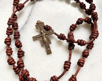 Leather Knotted Rosary | Bronze San Damiano Crucifix | Made in the USA | Masculine St Francis Rosary | Confirmation Gift for Catholic Boys