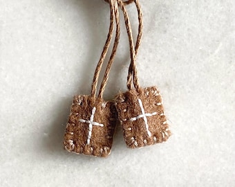 Mini Light Brown Scapular: Hand Embroidered | All Wool & Hemp with White Cross | Our Lady of Mount Carmel | Catholic First Communion Gift