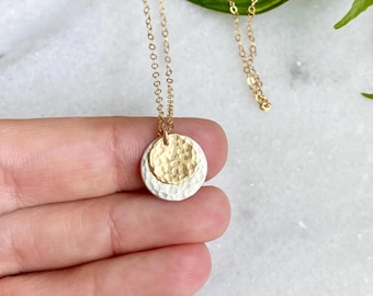 Two Tone Hammered Disc Necklace | Sterling Silver & 14k Gold Filled Mixed Metal Jewelry for Women