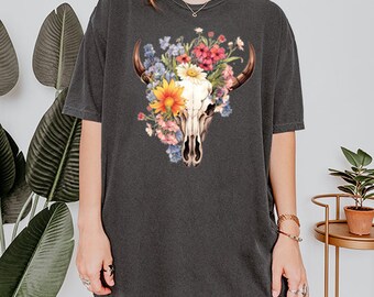Cow Skull with Flowers Graphic T Shirt