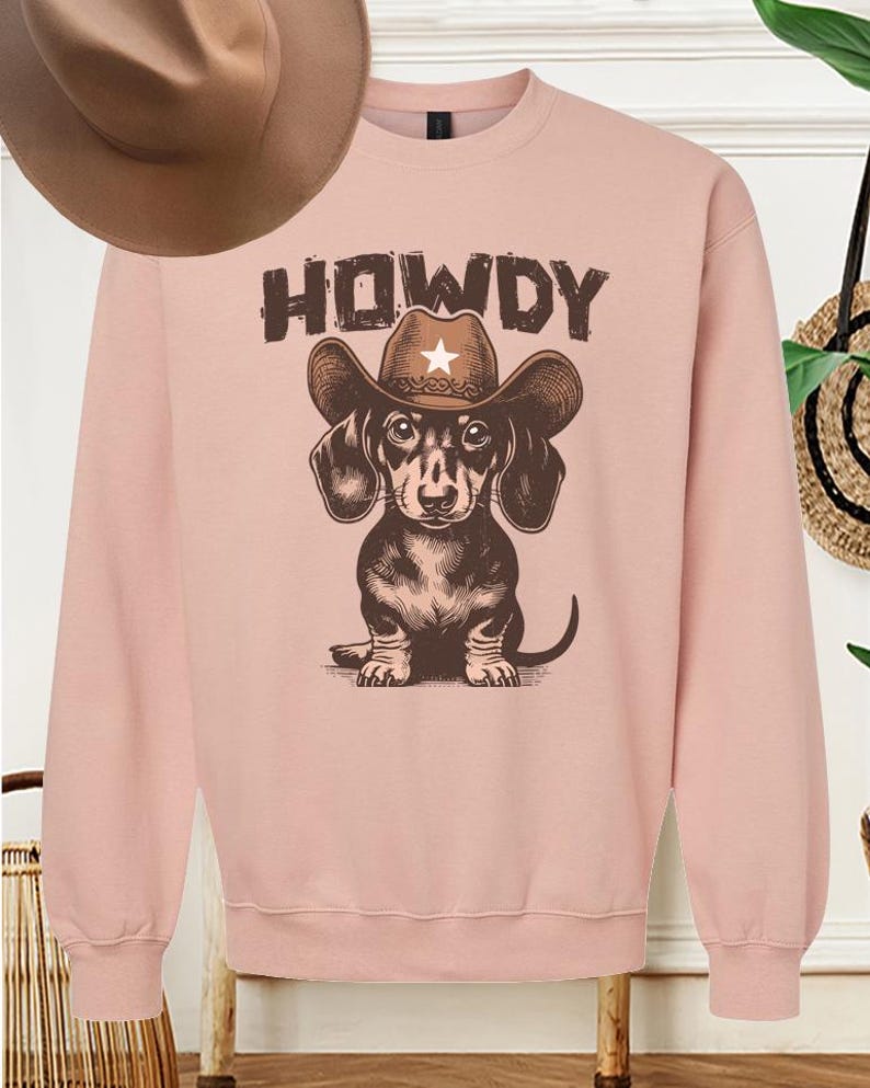 May include: A pink sweatshirt with a brown dachshund wearing a cowboy hat and the word "HOWDY" printed on it.