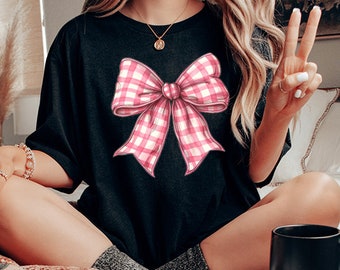 Checker Pink Bow Graphic Tee, Bow