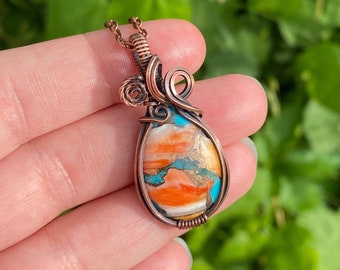 Spiny Oyster Turquoise Wire Wrapped Pendant Turquoise Gemstone Silver Pendant Wire Wrapped Jewelry silver Oyster Turquoise Pendant