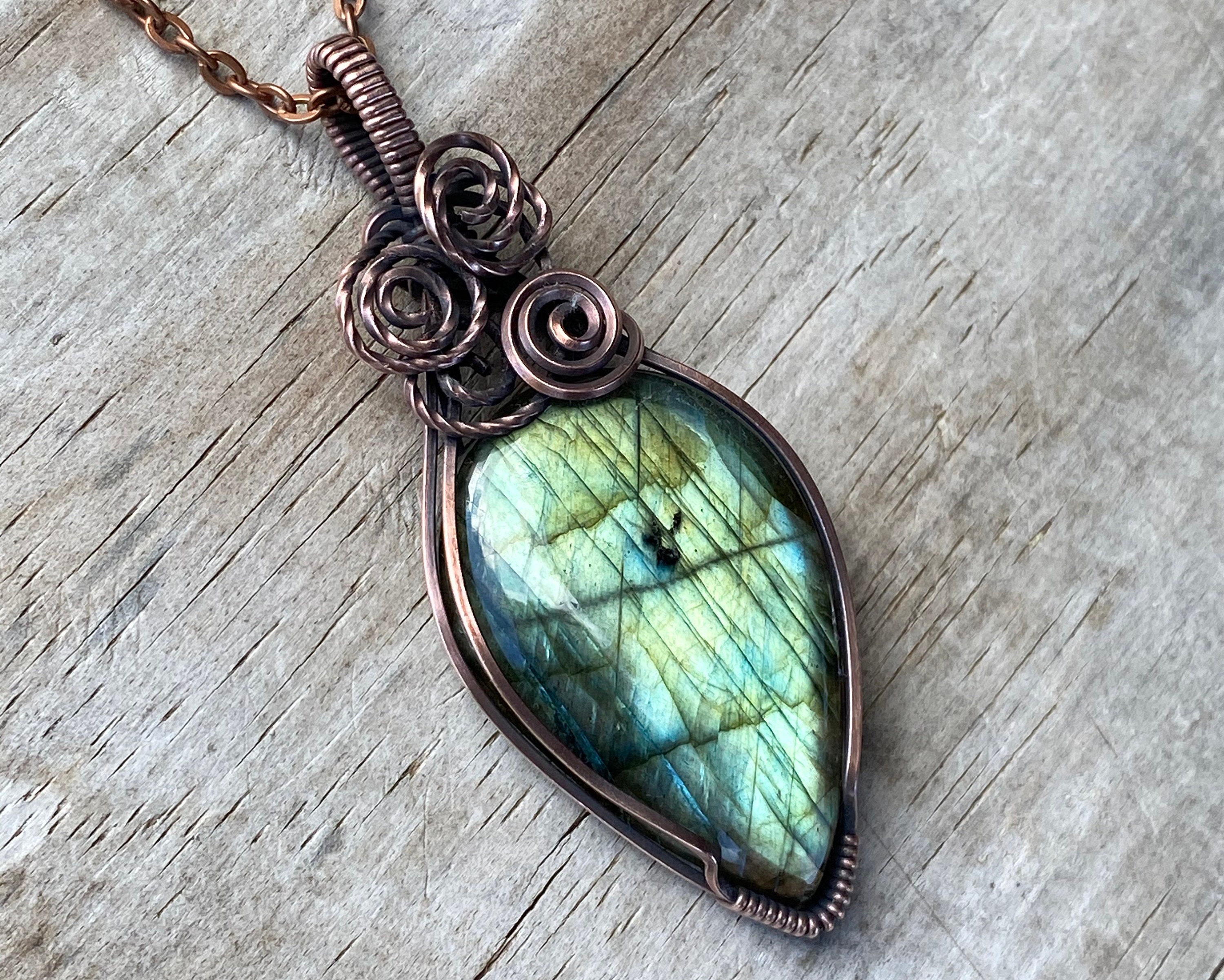 Elven Necklace Copper Boho Jewellery Moonstone and Labradorite Hand Sculpted Pendant Nature Inspired Jewellery