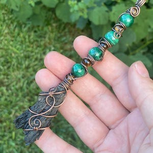 Witch Broom Necklace, Halloween Pendant Necklace, Kyanite Broom with Malachite and Tigers Eye, Halloween Jewelry, Witch Broomstick Necklace