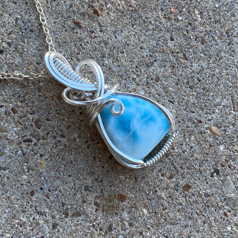 Larimar Necklace Sterling Silver Wire Wrapped Pendant Blue Etsy