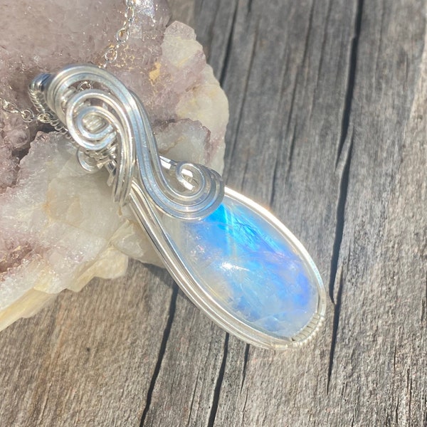 Blue Moonstone Necklace, Sterling Silver Wire Wrap Pendant, Mothers Day Gift for Mom, Divine Feminine Necklace, June Birthstone Jewelry