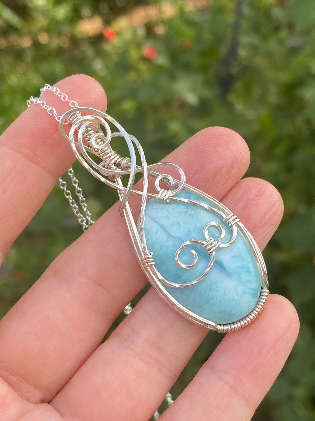 Larimar Necklace Sterling Silver Jewelry, Wire Wrapped Pendant, Calming ...