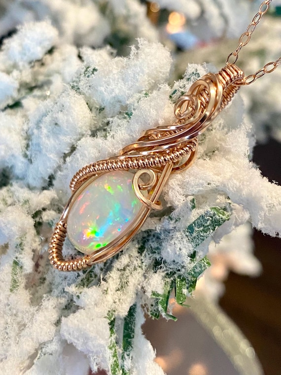 Rose Gold Opal Necklace for Women, Rainbow Opal Pendant, Mothers