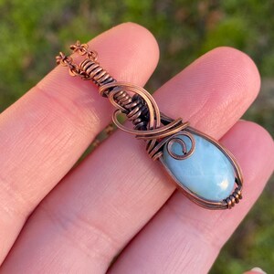 Copper Larimar Gemstone Pendant, Handmade Wire Wrapped Crystal Necklace, Dainty Crystal Necklace for Mom, Crystal Lover Gift for Girlfriend