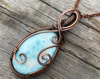 Larimar Necklace Pendant, Copper Wire Wrap Jewelry, Blue Crystal Necklace, Atlantis Stone, Best Friend Birthday Gift for Her, Metaphysical