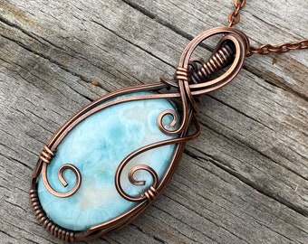 Collier pendentif en larimar, bijoux en fil de cuivre, collier en cristal bleu, pierre de l'Atlantide, cadeau d'anniversaire de meilleure amie pour elle, métaphysique