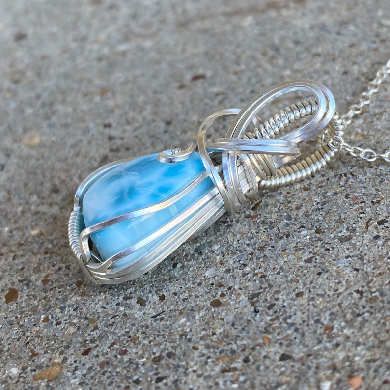 Larimar Necklace Sterling Silver Wire Wrapped Pendant Blue Etsy