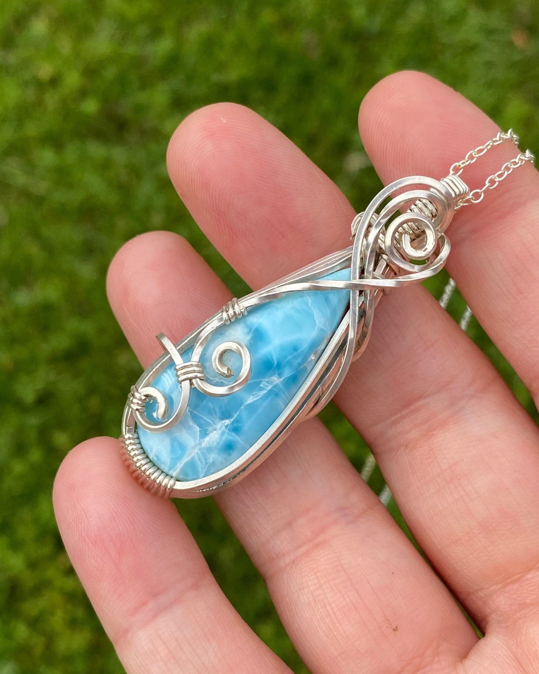 Larimar Necklace Sterling Silver Wire Wrapped Pendant, Crystal Necklace