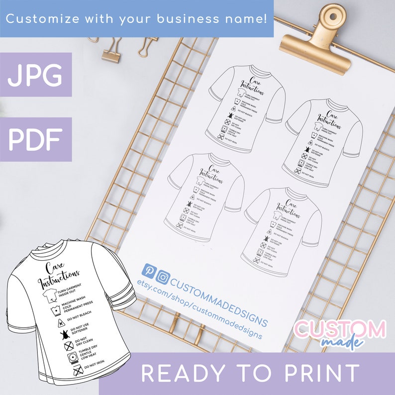 T-shirt Care Cards Classic Custom Instant Digital Download | Etsy