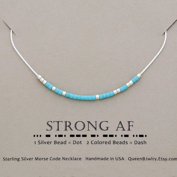 Strength Jewelry Morse Code, Strong AF Necklace, Strong as Fuck, Warrior, Survivor Gift, Encouragement, Sterling Silver or Gold Fill